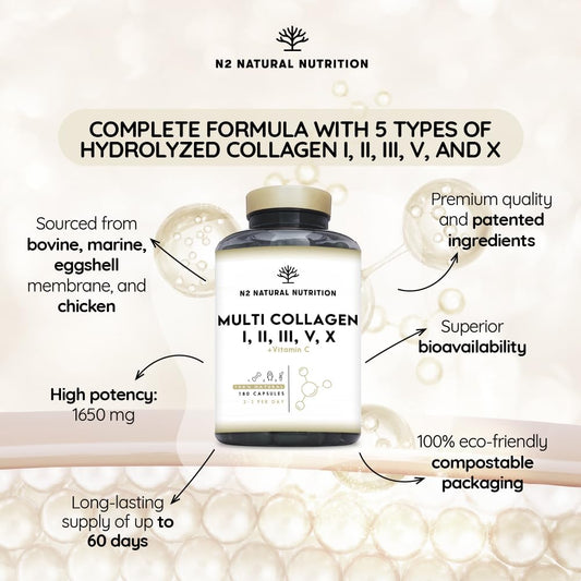 Multi Collagen 1650mg Type I, II, III, V, X. Bovine & Marine Collagen Peptides. 180 Capsules Enhanced with Vitamin C. High Strength Collagen for Joints, Hair and Skincare. N2 Natural Nutrition