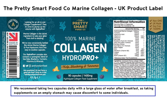 Marine Collagen Supplements For Women - with Hyaluronic Acid, Biotin, Blueberry & Vitamins - 1400MG - Pure Hydrolyzed Peptides - 45 Day Supply - 90 Capsules (not tablets) - UK Made - Pretty Smart Food
