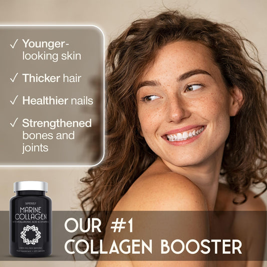 Marine Collagen Capsules 2200mg - with Hyaluronic Acid & Vitamin C - High Strength Complex for Skin Hair Support - Premium Type 1 Peptides - Collagen Supplements for Women & Men - 120 Capsules