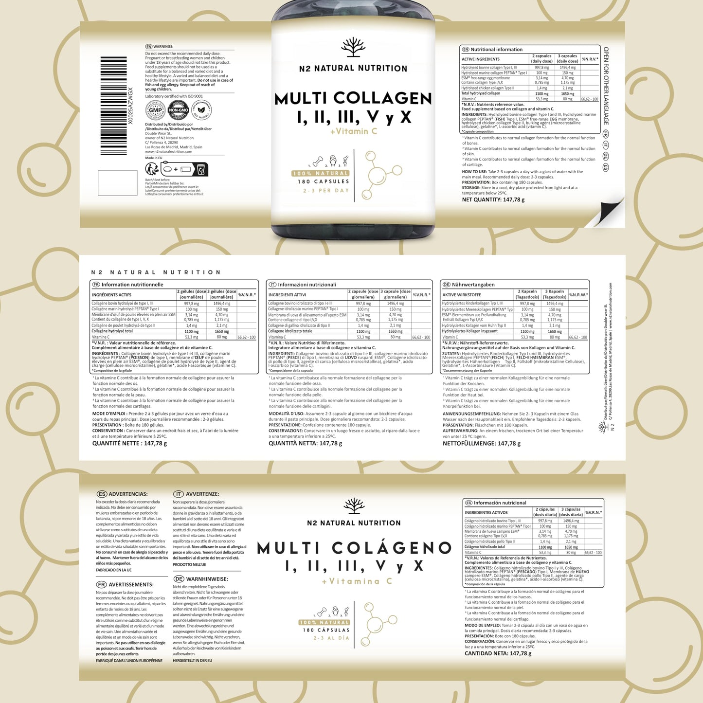 Multi Collagen 1650mg Type I, II, III, V, X. Bovine & Marine Collagen Peptides. 180 Capsules Enhanced with Vitamin C. High Strength Collagen for Joints, Hair and Skincare. N2 Natural Nutrition