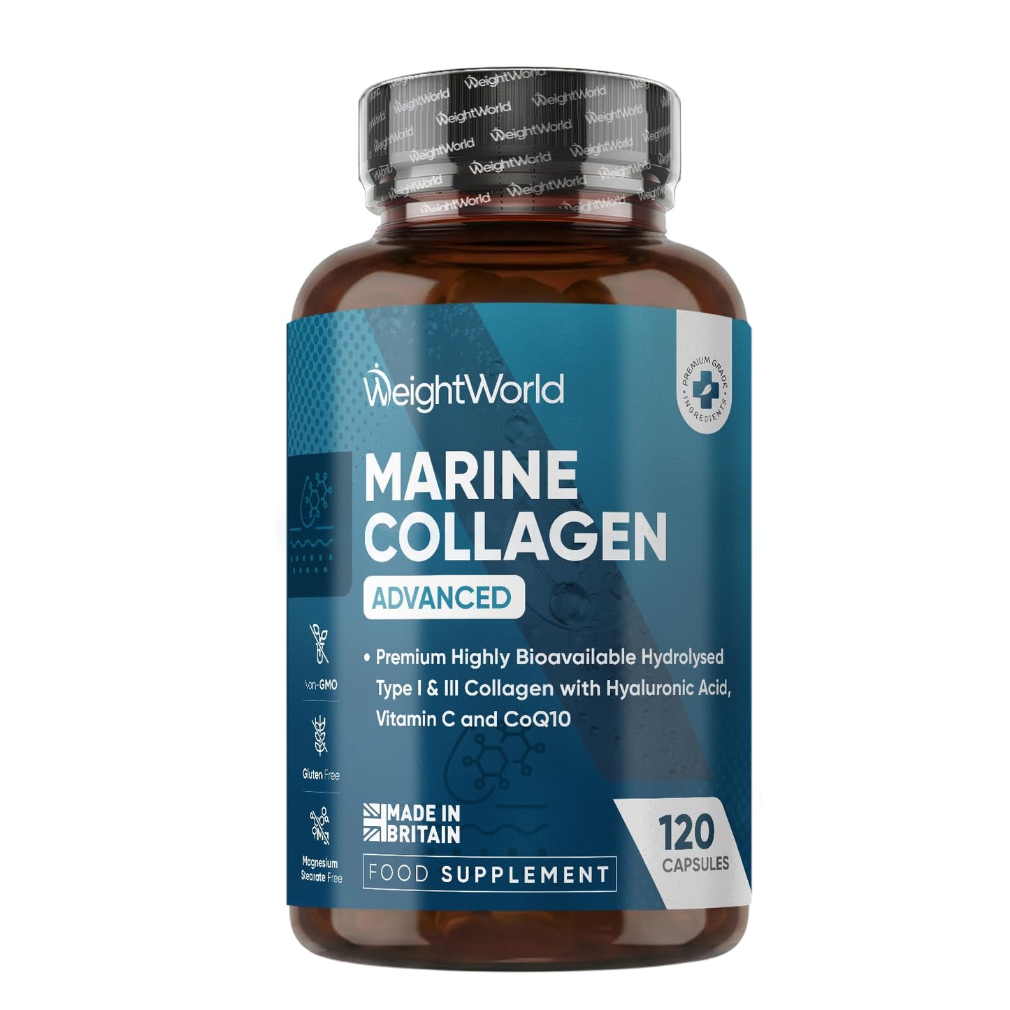 WeightWorld Marine Collagen Capsules 1455mg | 120 Capsules | Type 1 & 3 Collagen Supplements for Women & Men | Hydrolysed Fish Peptides Complex with Hyaluronic Acid, Vitamin C, Zinc & CoQ10