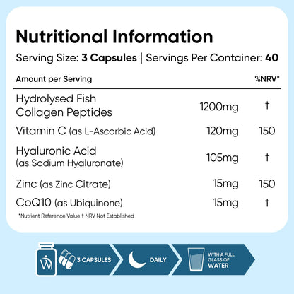 WeightWorld Marine Collagen Capsules 1455mg | 120 Capsules | Type 1 & 3 Collagen Supplements for Women & Men | Hydrolysed Fish Peptides Complex with Hyaluronic Acid, Vitamin C, Zinc & CoQ10