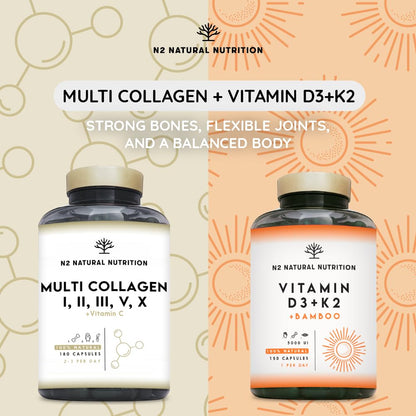 Multi Collagen 1650mg Type I, II, III, V, X. Bovine & Marine Collagen Peptides. 180 Capsules Enhanced with Vitamin C. High Strength Collagen for Joints, Hair and Skincare. N2 Natural Nutrition