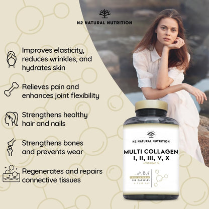Multi Collagen 1650mg Type I, II, III, V, X. Bovine & Marine Collagen Peptides. 180 Capsules Enhanced with Vitamin C. High Strength Collagen for Joints, Hair and Skincare. N2 Natural Nutrition