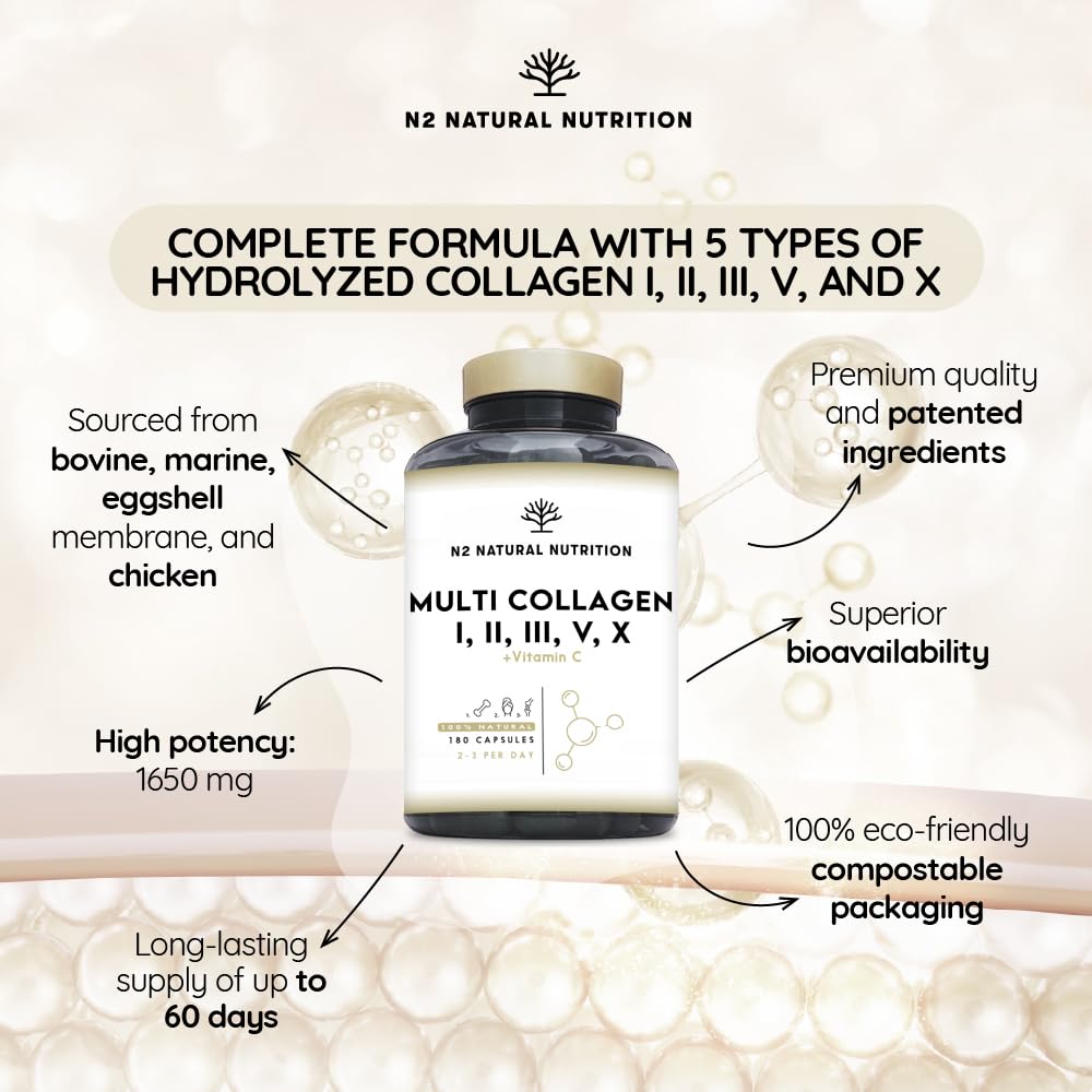 Multi Collagen 1650mg Type I, II, III, V, X. Bovine & Marine Collagen Peptides. 180 Capsules Enhanced with Vitamin C. High Strength Collagen for Joints, Hair and Skincare. N2 Natural Nutrition
