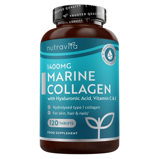 Nutravita Marine Collagen Tablets 1400mg Enhanced with Hyaluronic Acid - Hydrolysed Collagen Supplements for Women and Men - 120 Tablets (2 Month Supply) - with Vitamin C, Vitamin E & Zinc