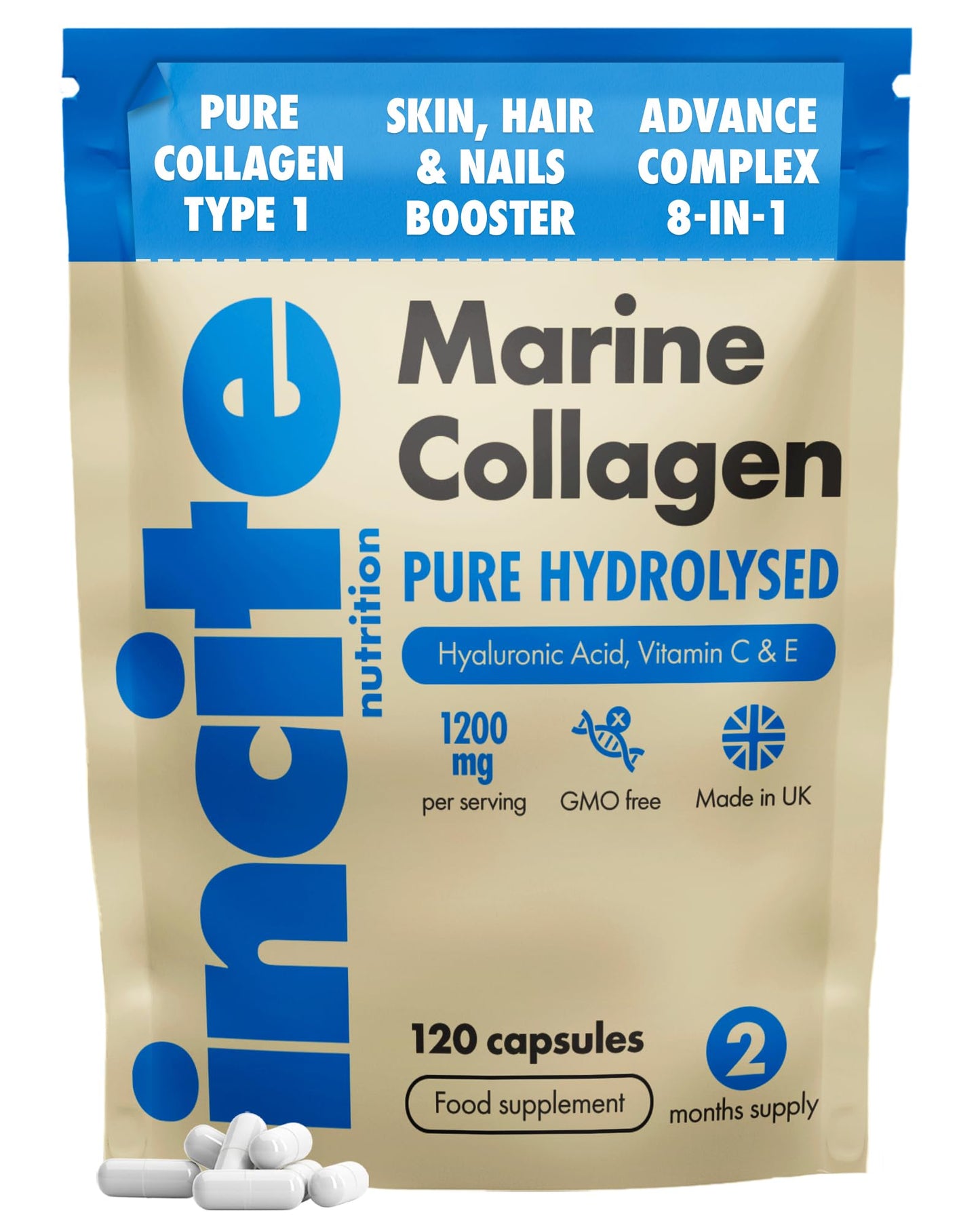 Marine Collagen Supplements for Women & Men 1200mg | 120 High Strength Marine Collagen Capsules | Pure Superior Type 1 Hydrolysed with Hyaluronic Acid, Vitamins C, E, B12, Copper, Zinc and Iodine