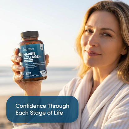 WeightWorld Marine Collagen Capsules 1455mg | 120 Capsules | Type 1 & 3 Collagen Supplements for Women & Men | Hydrolysed Fish Peptides Complex with Hyaluronic Acid, Vitamin C, Zinc & CoQ10