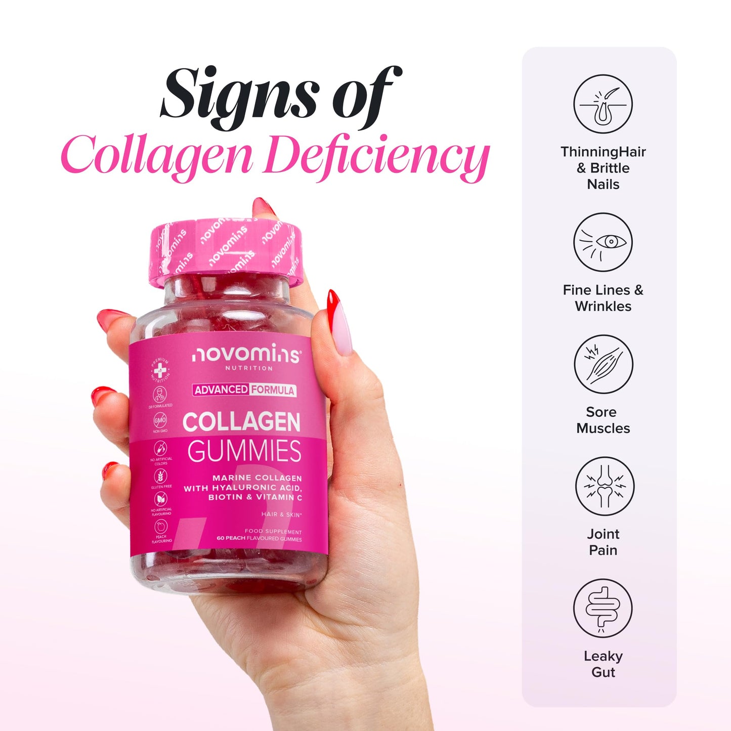 Collagen Gummies - Collagen Peptides with Hyaluronic Acid, Vitamin C & Biotin - Collagen Supplements for Women & Men - More Convenient Than Collagen Powder - 60 Marine Collagen Gummies - Novomins