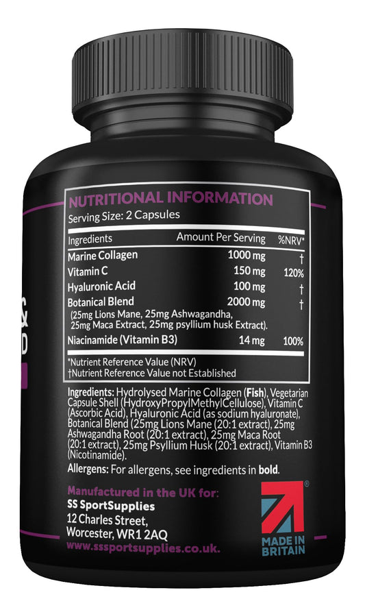 Collagen Supplements for Women-100% Marine Collagen Boosted with Hyaluronic Acid, Vitamin C, Niacinamide & 2,000mg Botanical Blend including Lions Mane, Ashwagandha, Maca and Psyllium Husk-60 Capsules