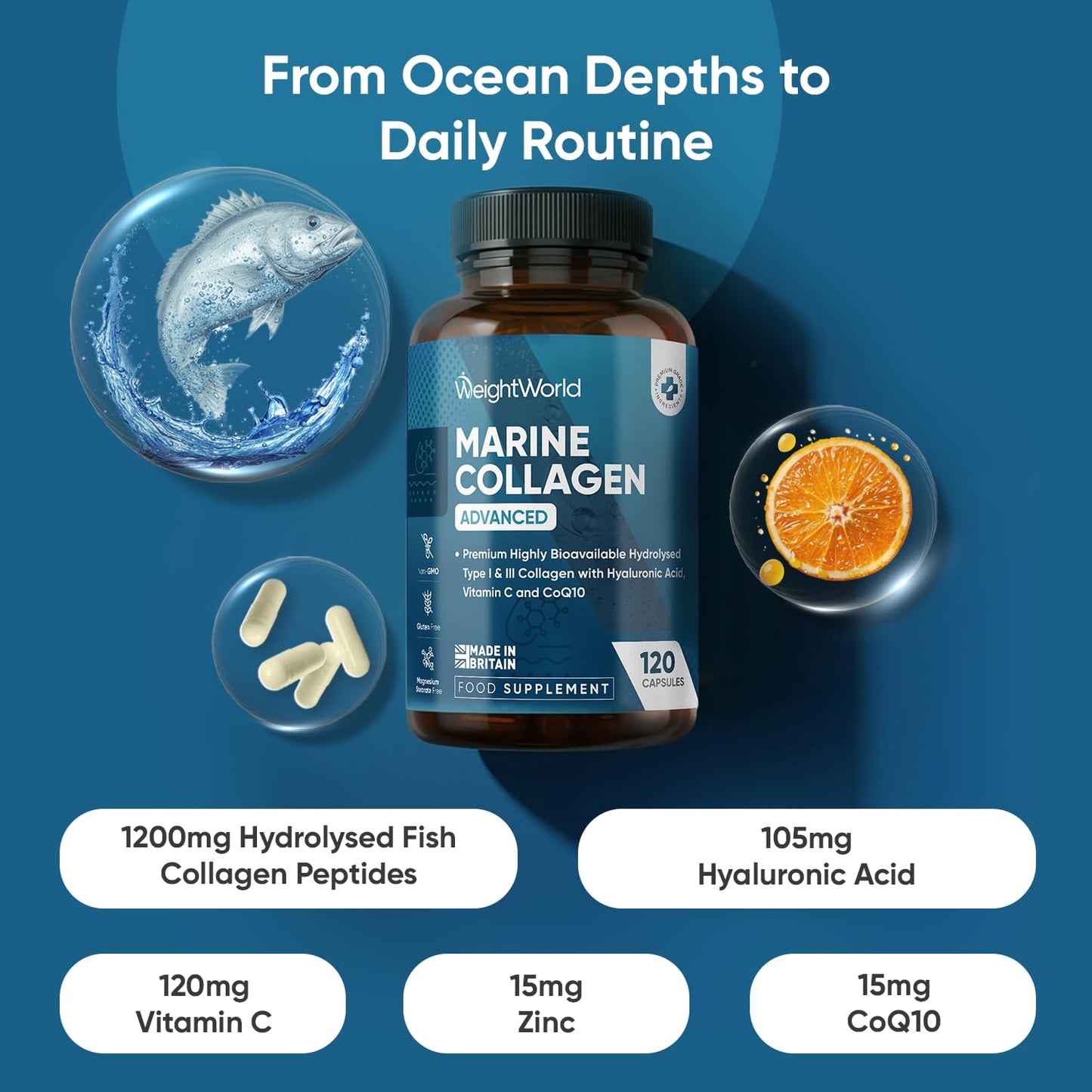 WeightWorld Marine Collagen Capsules 1455mg | 120 Capsules | Type 1 & 3 Collagen Supplements for Women & Men | Hydrolysed Fish Peptides Complex with Hyaluronic Acid, Vitamin C, Zinc & CoQ10
