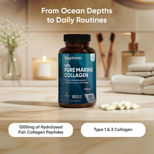 Pure Marine Collagen Supplements for Women & Men - 120 Capsules - 1200mg Per Serving - 2 Months Supply- Highly Bioavailable Type 1 & 3 Hydrolysed Fish Collagen Peptides