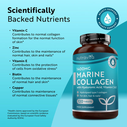 Nutravita Marine Collagen Tablets 1400mg Enhanced with Hyaluronic Acid - Hydrolysed Collagen Supplements for Women and Men - 120 Tablets (2 Month Supply) - with Vitamin C, Vitamin E & Zinc