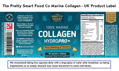 Marine Collagen Supplements For Women - with Hyaluronic Acid, Biotin, Blueberry & Vitamins - 1400MG - Pure Hydrolyzed Peptides - 45 Day Supply - 90 Capsules (not tablets) - UK Made - Pretty Smart Food
