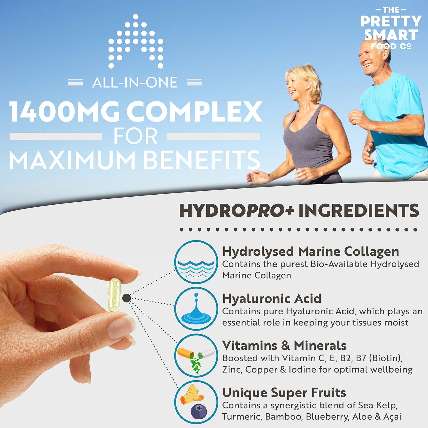 Marine Collagen Supplements For Women - with Hyaluronic Acid, Biotin, Blueberry & Vitamins - 1400MG - Pure Hydrolyzed Peptides - 45 Day Supply - 90 Capsules (not tablets) - UK Made - Pretty Smart Food
