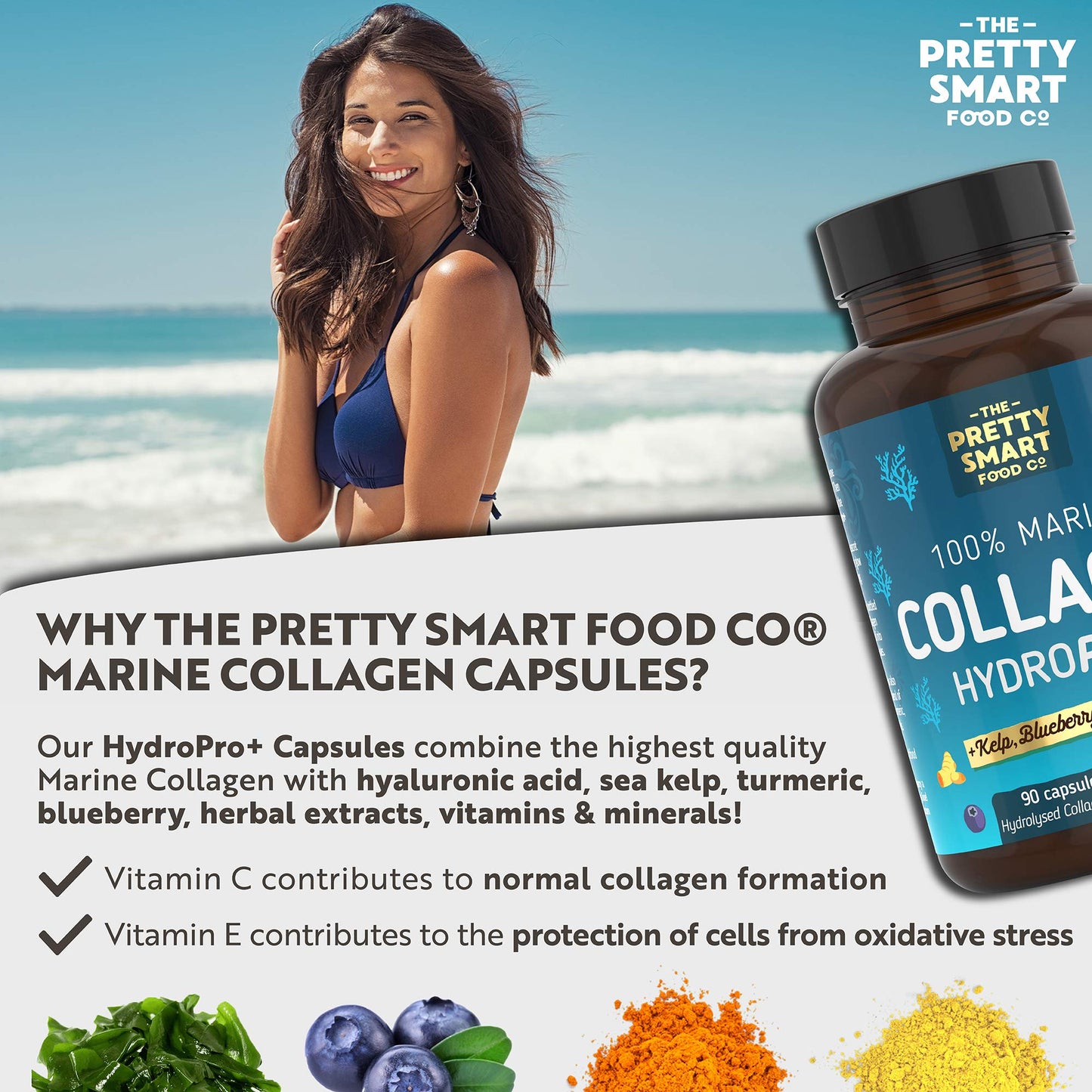 Marine Collagen Supplements For Women - with Hyaluronic Acid, Biotin, Blueberry & Vitamins - 1400MG - Pure Hydrolyzed Peptides - 45 Day Supply - 90 Capsules (not tablets) - UK Made - Pretty Smart Food
