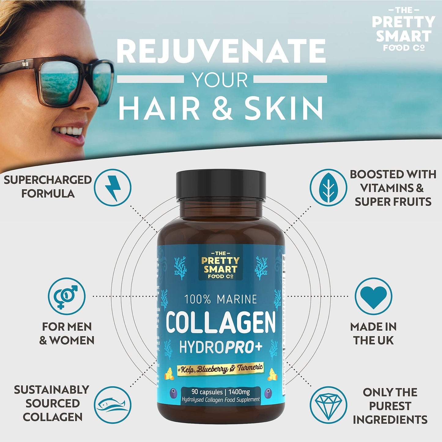 Marine Collagen Supplements For Women - with Hyaluronic Acid, Biotin, Blueberry & Vitamins - 1400MG - Pure Hydrolyzed Peptides - 45 Day Supply - 90 Capsules (not tablets) - UK Made - Pretty Smart Food
