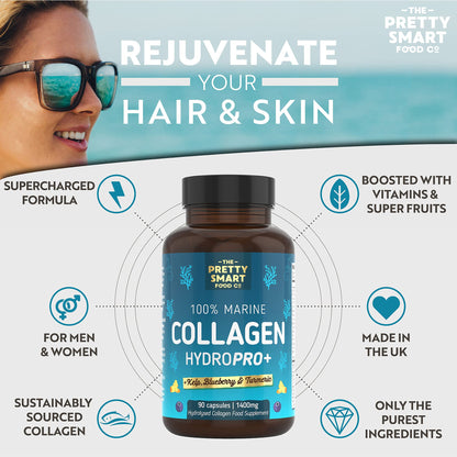 Marine Collagen Supplements For Women - with Hyaluronic Acid, Biotin, Blueberry & Vitamins - 1400MG - Pure Hydrolyzed Peptides - 45 Day Supply - 90 Capsules (not tablets) - UK Made - Pretty Smart Food