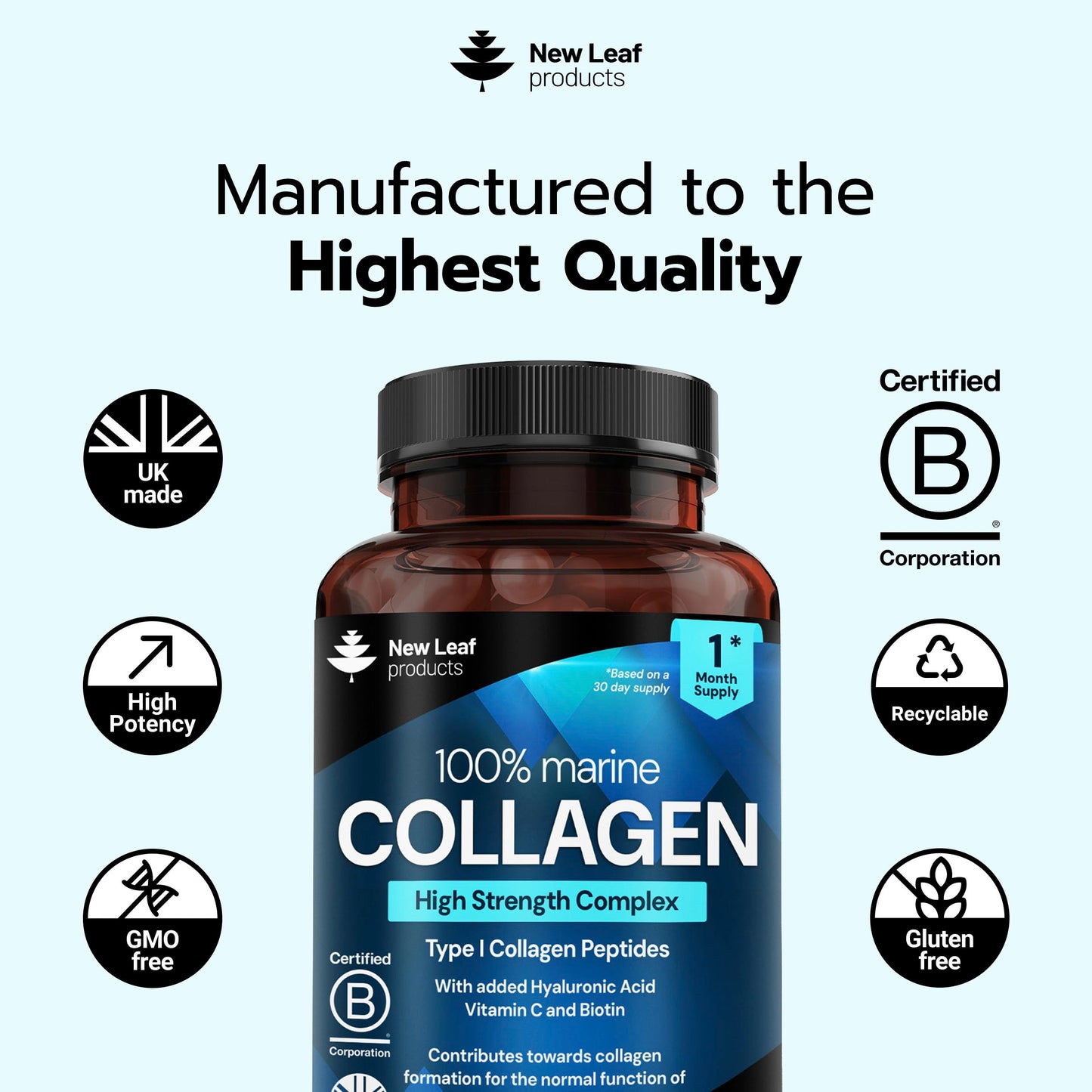 Pure Marine Collagen 100% Marine Collagen Type 1 Hydrolysed Collagen Peptides Enhanced with Hyaluronic Acid & Vitamin C -Essential Amino Acids - Collagen Supplements for Women and Men, 60 Capsules