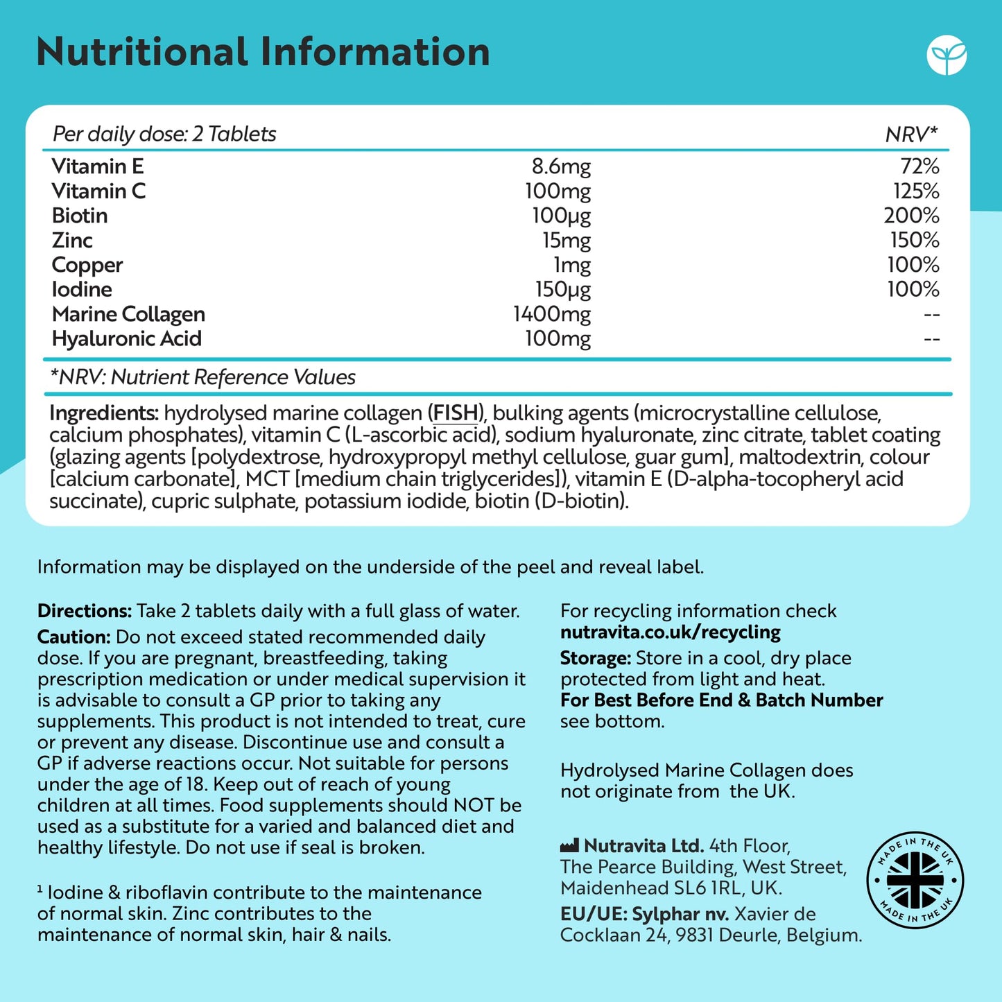 Nutravita Marine Collagen Tablets 1400mg Enhanced with Hyaluronic Acid - Hydrolysed Collagen Supplements for Women and Men - 120 Tablets (2 Month Supply) - with Vitamin C, Vitamin E & Zinc