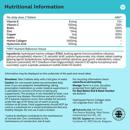 Nutravita Marine Collagen Tablets 1400mg Enhanced with Hyaluronic Acid - Hydrolysed Collagen Supplements for Women and Men - 120 Tablets (2 Month Supply) - with Vitamin C, Vitamin E & Zinc