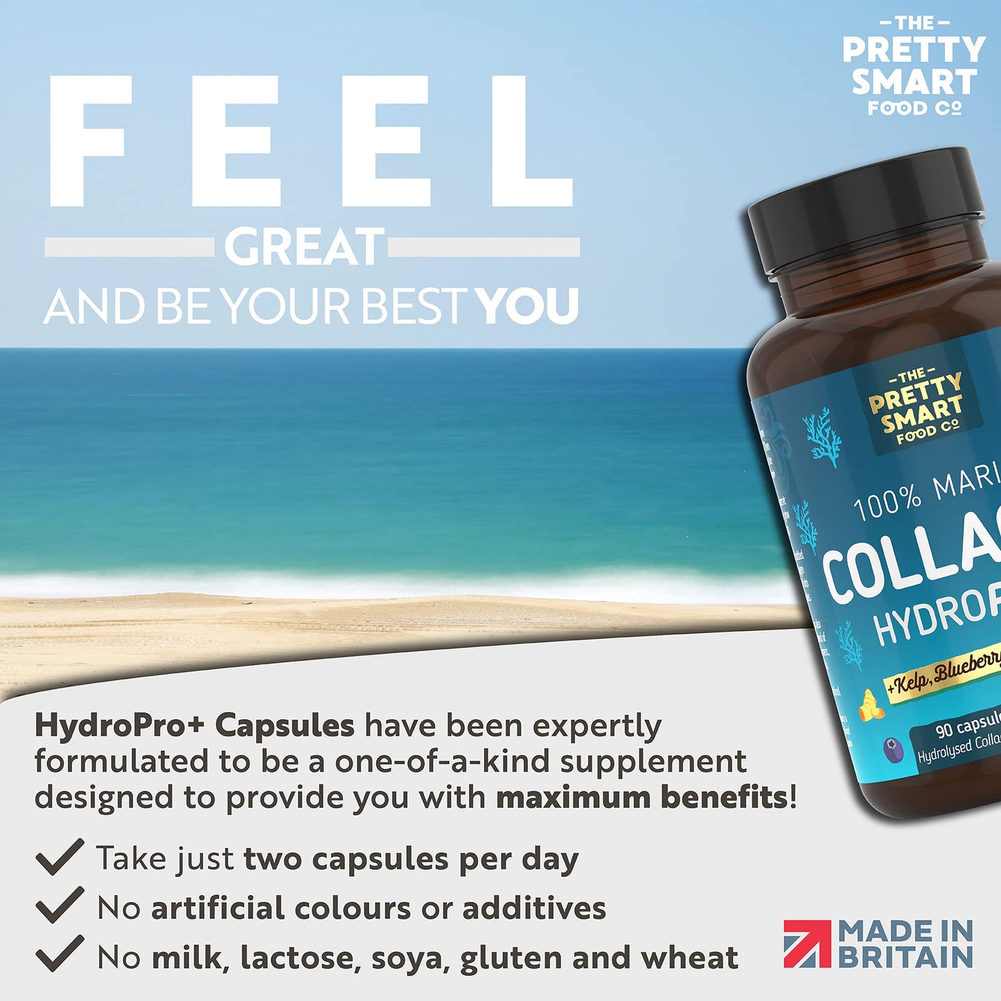 Marine Collagen Supplements For Women - with Hyaluronic Acid, Biotin, Blueberry & Vitamins - 1400MG - Pure Hydrolyzed Peptides - 45 Day Supply - 90 Capsules (not tablets) - UK Made - Pretty Smart Food