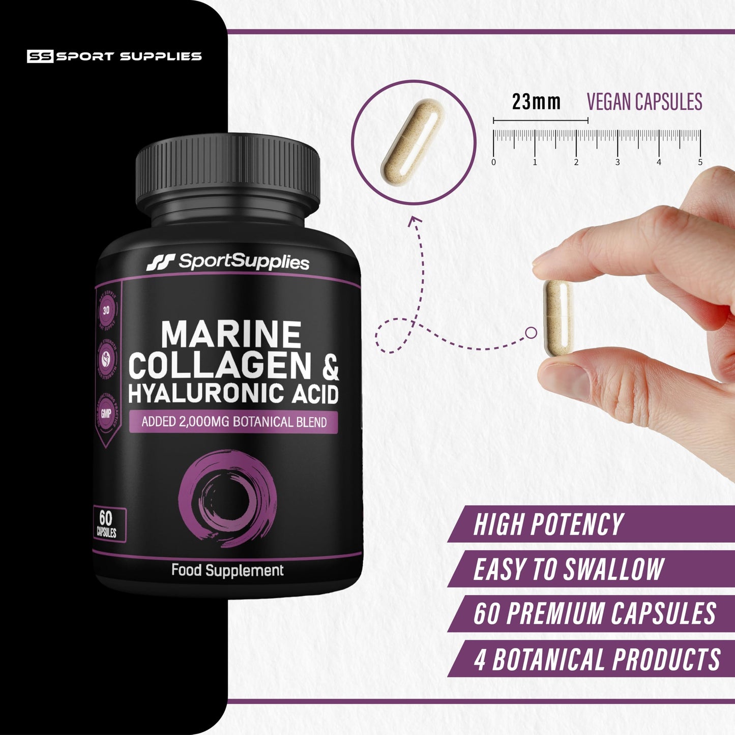Collagen Supplements for Women-100% Marine Collagen Boosted with Hyaluronic Acid, Vitamin C, Niacinamide & 2,000mg Botanical Blend including Lions Mane, Ashwagandha, Maca and Psyllium Husk-60 Capsules