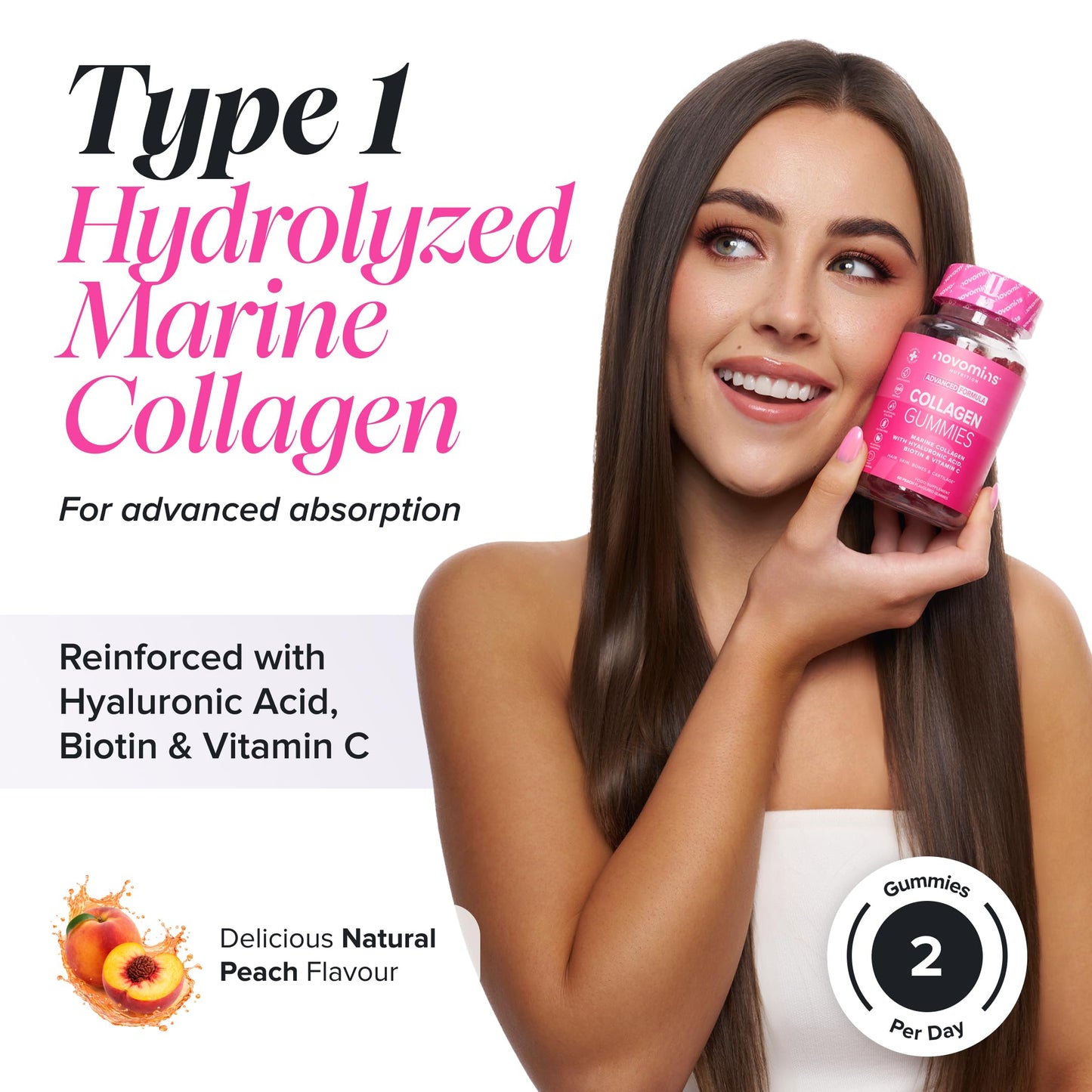 Collagen Gummies - Collagen Peptides with Hyaluronic Acid, Vitamin C & Biotin - Collagen Supplements for Women & Men - More Convenient Than Collagen Powder - 60 Marine Collagen Gummies - Novomins