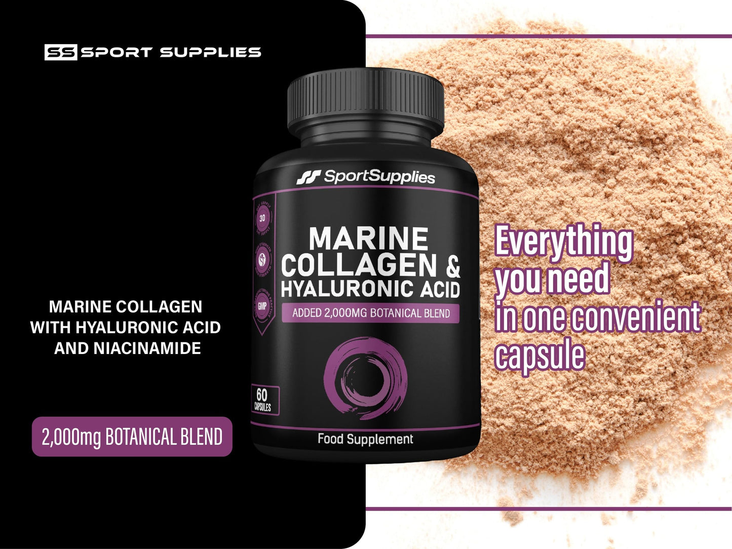 Collagen Supplements for Women-100% Marine Collagen Boosted with Hyaluronic Acid, Vitamin C, Niacinamide & 2,000mg Botanical Blend including Lions Mane, Ashwagandha, Maca and Psyllium Husk-60 Capsules
