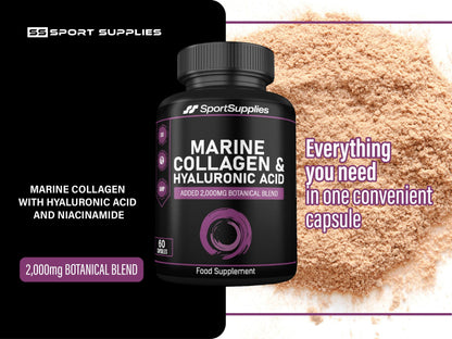 Collagen Supplements for Women-100% Marine Collagen Boosted with Hyaluronic Acid, Vitamin C, Niacinamide & 2,000mg Botanical Blend including Lions Mane, Ashwagandha, Maca and Psyllium Husk-60 Capsules