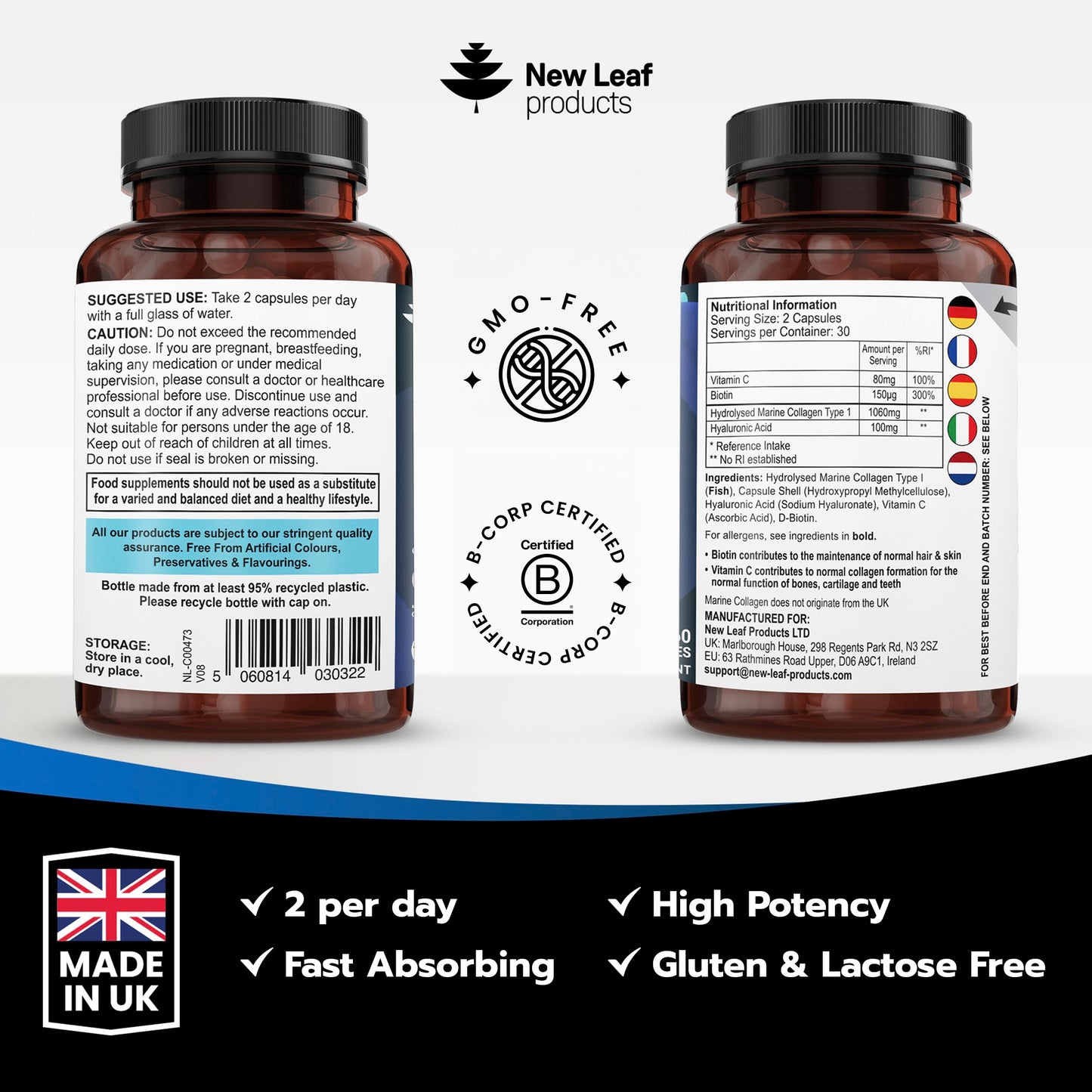 Pure Marine Collagen 100% Marine Collagen Type 1 Hydrolysed Collagen Peptides Enhanced with Hyaluronic Acid & Vitamin C -Essential Amino Acids - Collagen Supplements for Women and Men, 60 Capsules