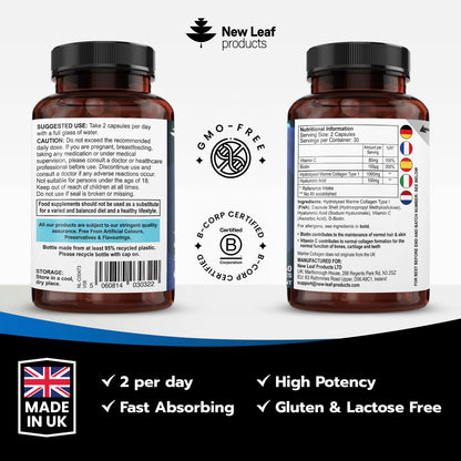 Pure Marine Collagen 100% Marine Collagen Type 1 Hydrolysed Collagen Peptides Enhanced with Hyaluronic Acid & Vitamin C -Essential Amino Acids - Collagen Supplements for Women and Men, 60 Capsules