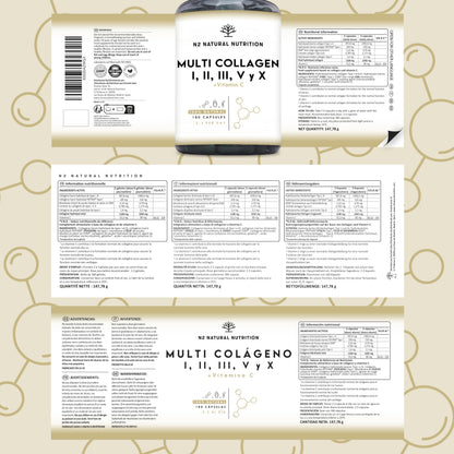 Multi Collagen 1650mg Type I, II, III, V, X. Bovine & Marine Collagen Peptides. 180 Capsules Enhanced with Vitamin C. High Strength Collagen for Joints, Hair and Skincare. N2 Natural Nutrition